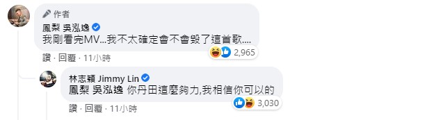 林志穎親自回覆鳳梨貼文。（圖／翻攝自鳳梨臉書）