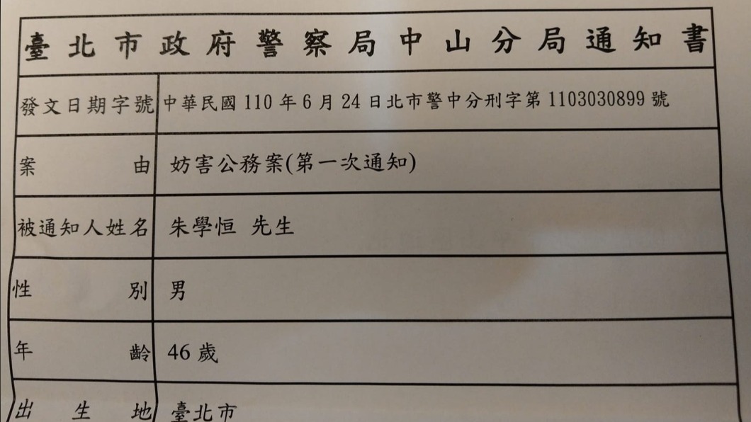 朱學恆收到中山分局的通知書。(圖/翻攝自朱學恒的阿宅萬事通事務所臉書)