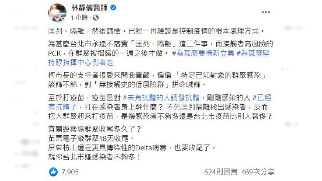 林靜儀嗆北市「嫌感染者不夠多」。(圖/翻攝自林靜儀醫師臉書)