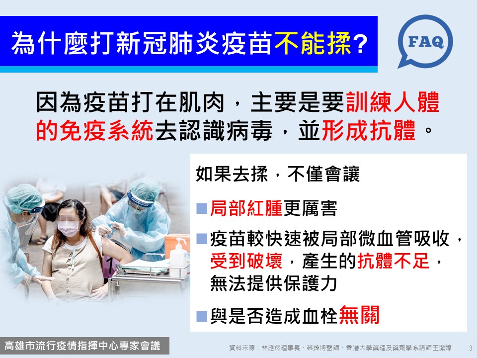 打完新冠疫苗不能揉注射部位。(圖/高雄市政府提供)