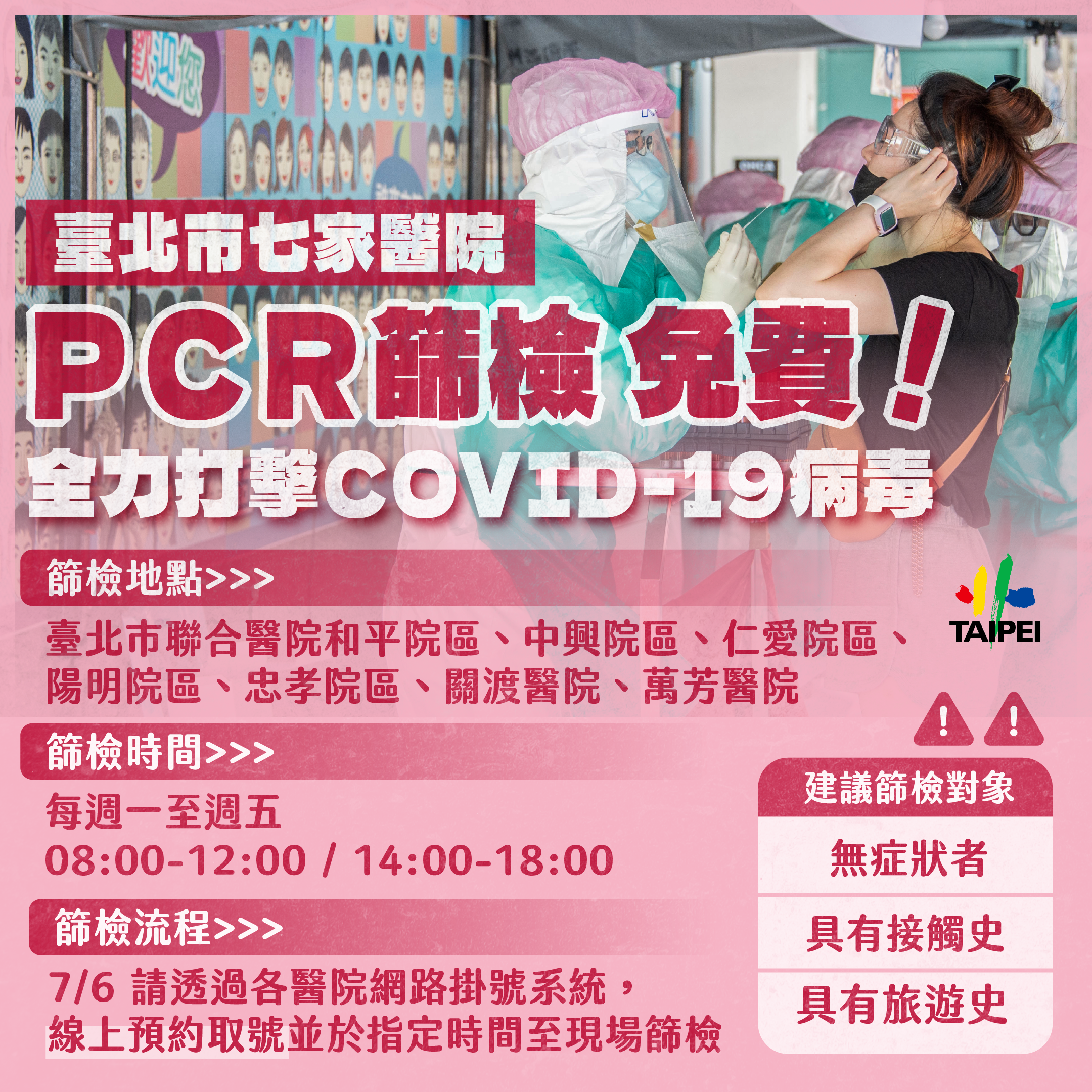 台北市七家醫院PCR篩檢免費。(圖/台北市政府)