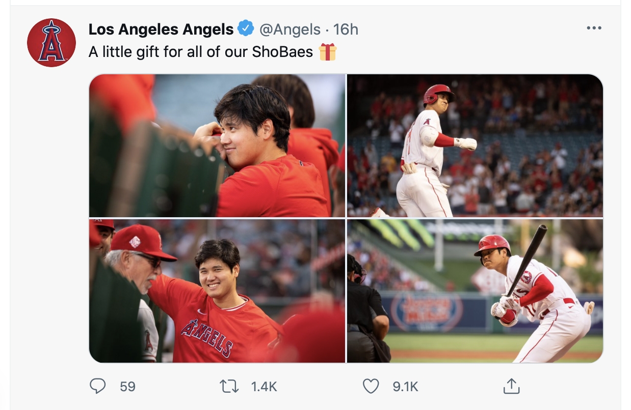 天使隊在推特上放大谷可愛四連拍。(圖/翻攝自洛杉磯天使隊推特)