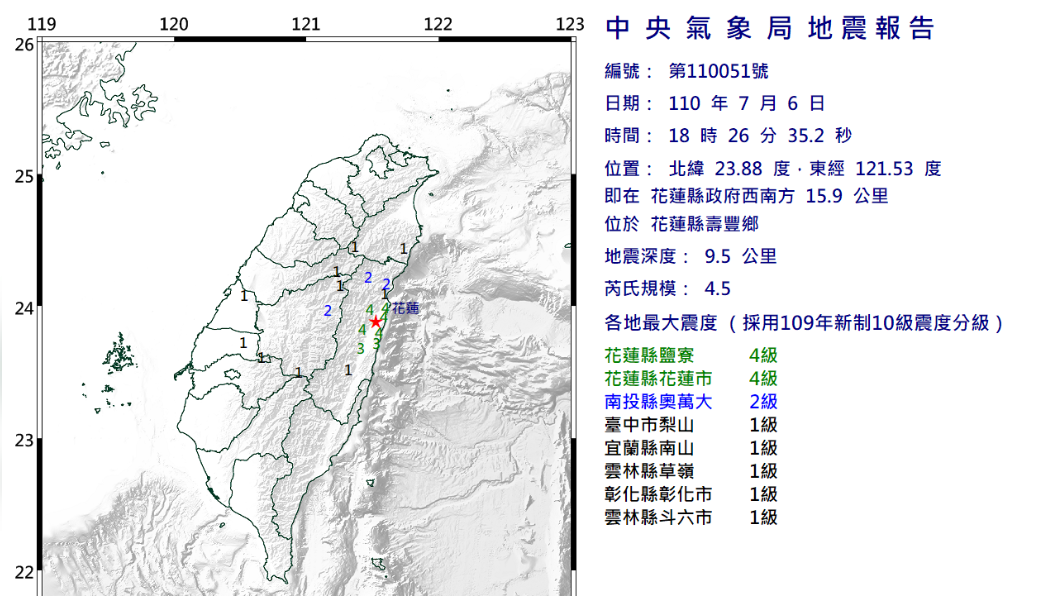 今（6）日發生有感地震。（圖／中央氣象局）