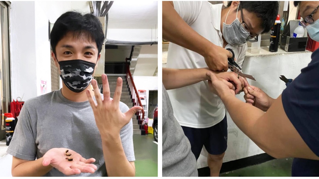 消防隊員搶救楊皓崴手指。(圖/翻攝自楊皓崴臉書)