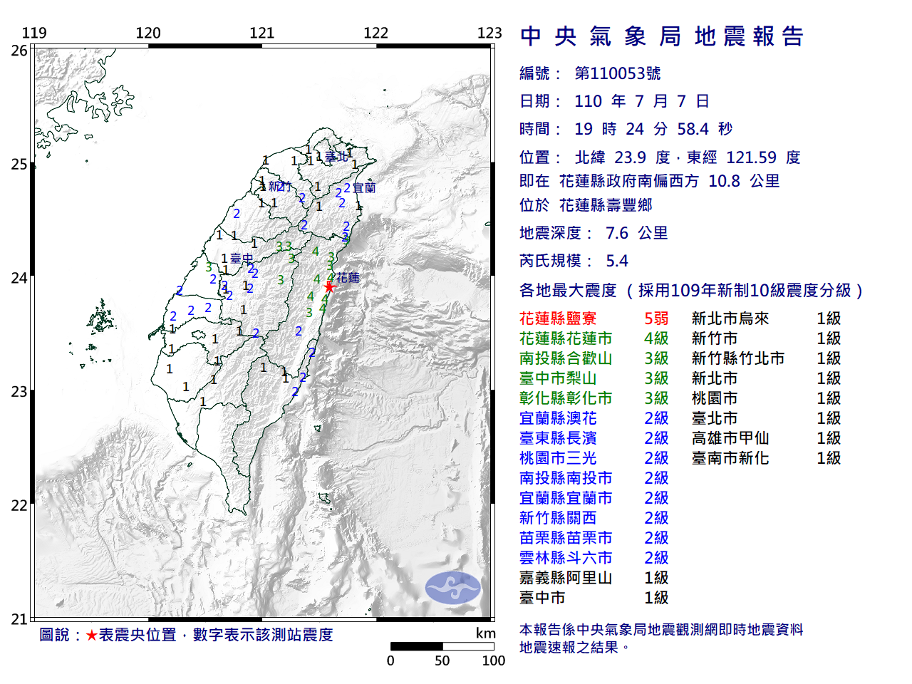 今日19時24分發生的地震幾乎全台有感。(圖/中央氣象局)
