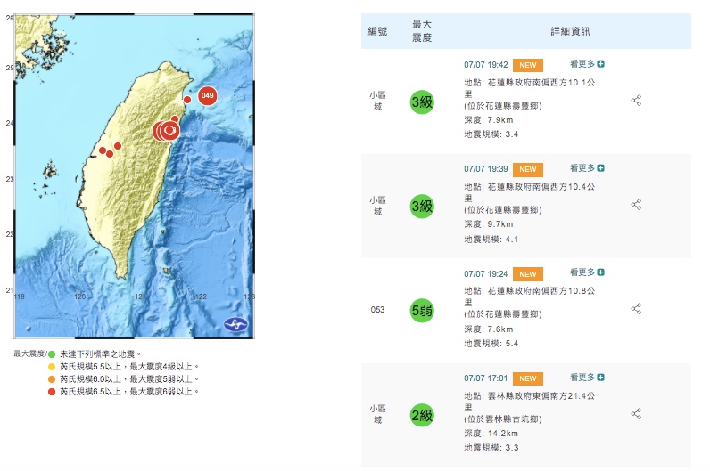 最近花蓮縣地震頻頻。(圖/中央氣象局)