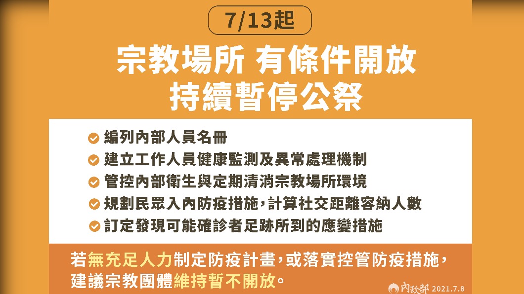 7/13起宗教場所有條件開放,持續暫停公祭。(圖/內政部)