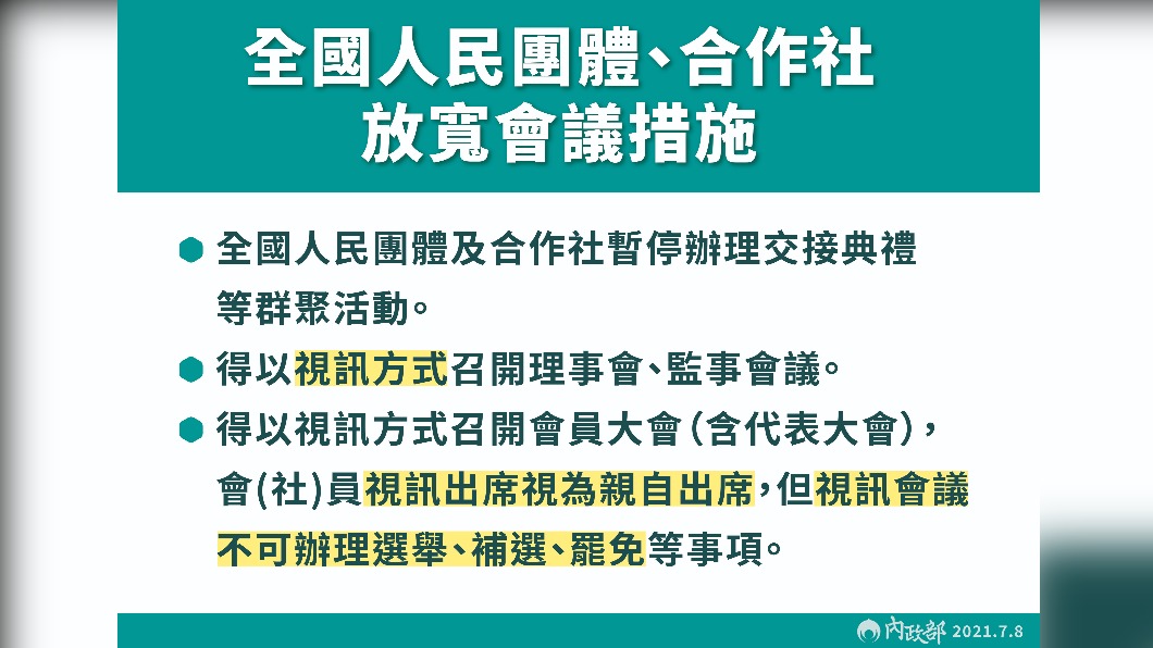全國人民團體、合作社放寬會議措施。(圖/內政部)