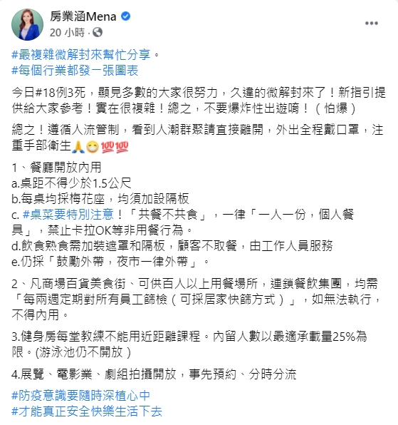 房業涵認為微解封「實在太複雜」。（圖／翻攝自房業涵臉書）