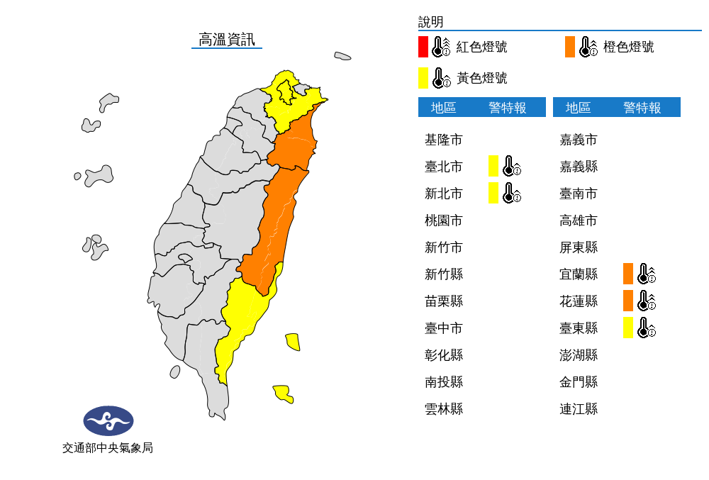 中央氣象局針對5縣市發布高溫警報。（圖／中央氣象局）