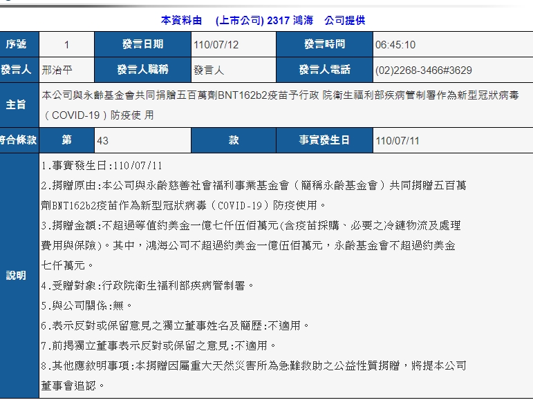 鴻海發出重訊。(圖/翻攝自公開資訊觀察站)
