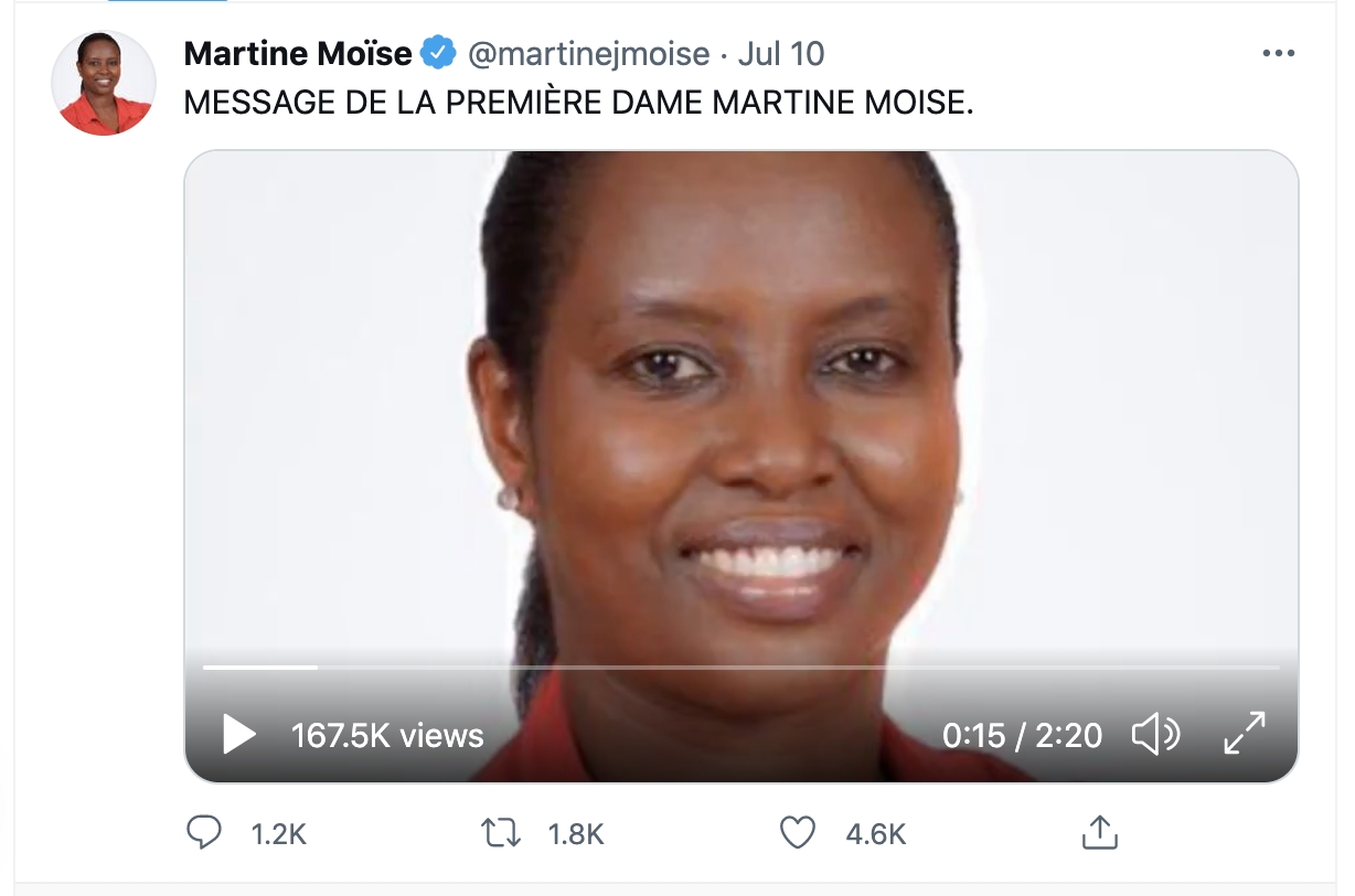 海地總統夫人在推特帳號張貼錄音訊息。(圖/翻攝自Martine Moïse推特)