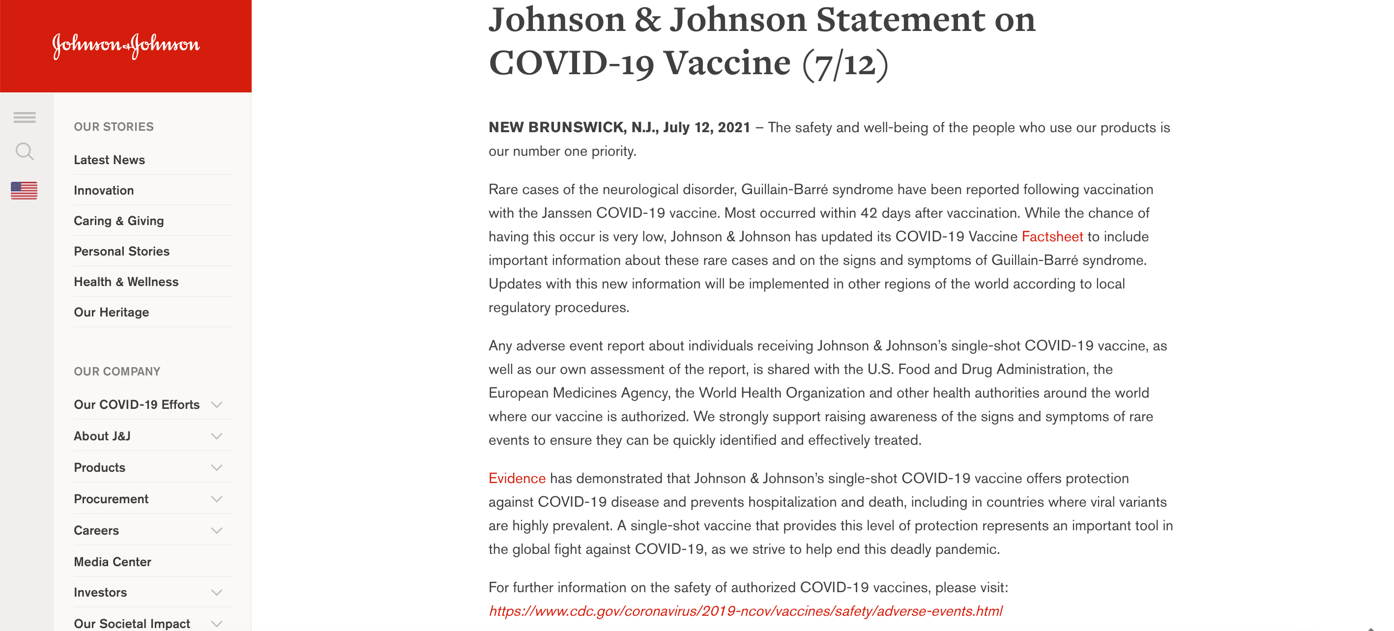 嬌生公司12日於官網發出聲明。(圖/翻攝自Johnson & Johnson官方網站)