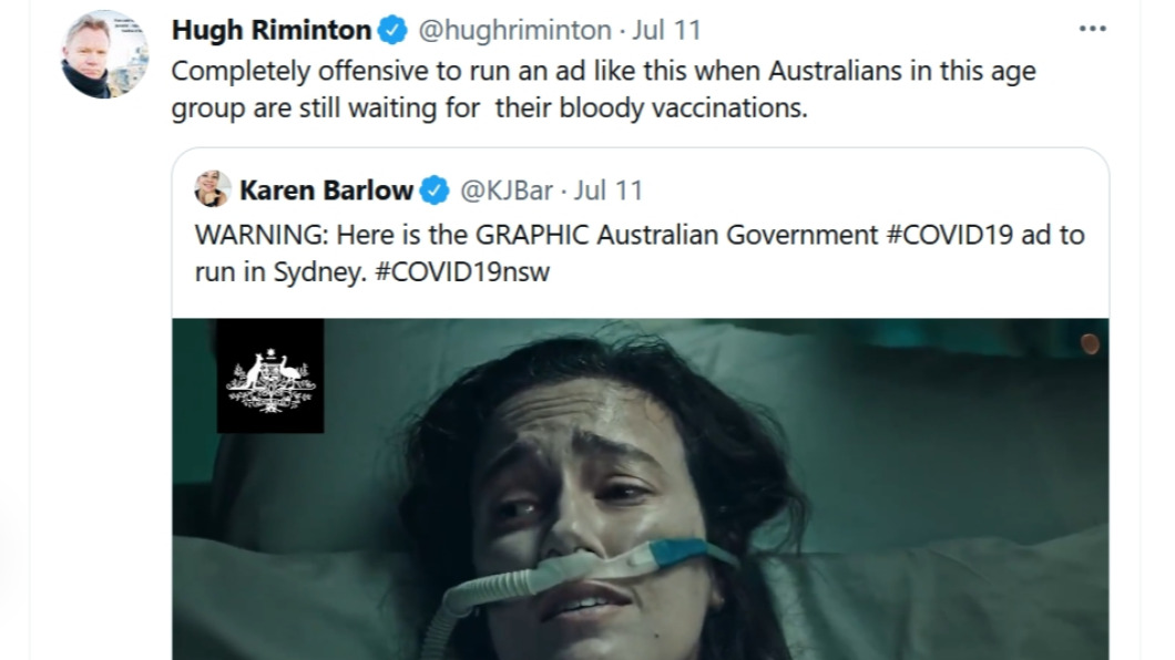 知名電視主持人在推特發文批評此防疫廣告。(圖/翻攝自Hugh Riminton Twitter)