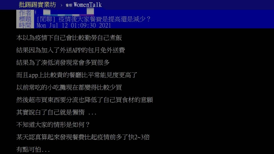 網友表示,防疫期間使用外送APP,餐費比疫情前高出2至3倍。(圖/翻攝自PTT)