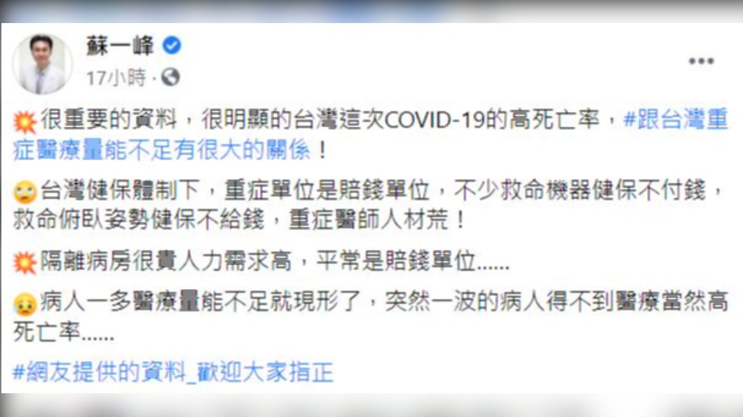 蘇一峰醫師認為全台新冠肺炎死亡率高跟重症醫療量能不足有關。(圖/翻攝自蘇一峰醫師臉書)