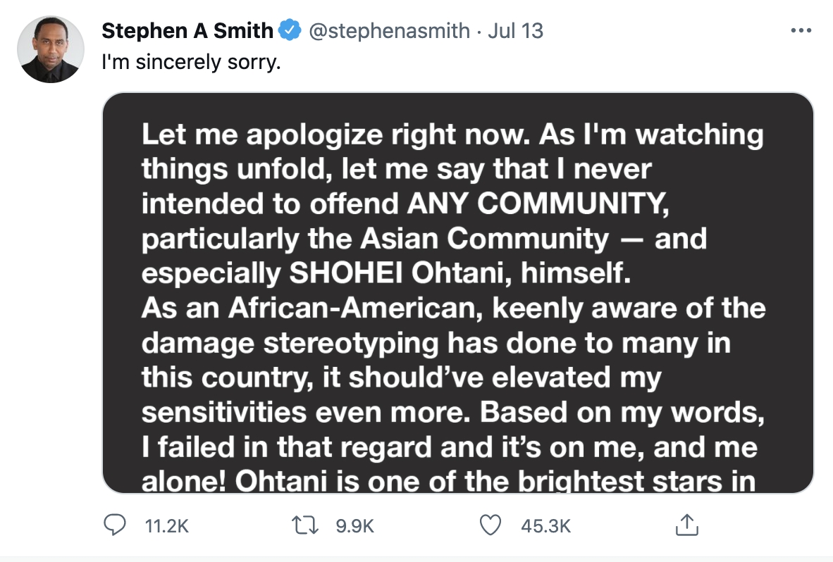史密斯在推特上道歉。(圖/翻攝自Stephen A Smith推特)