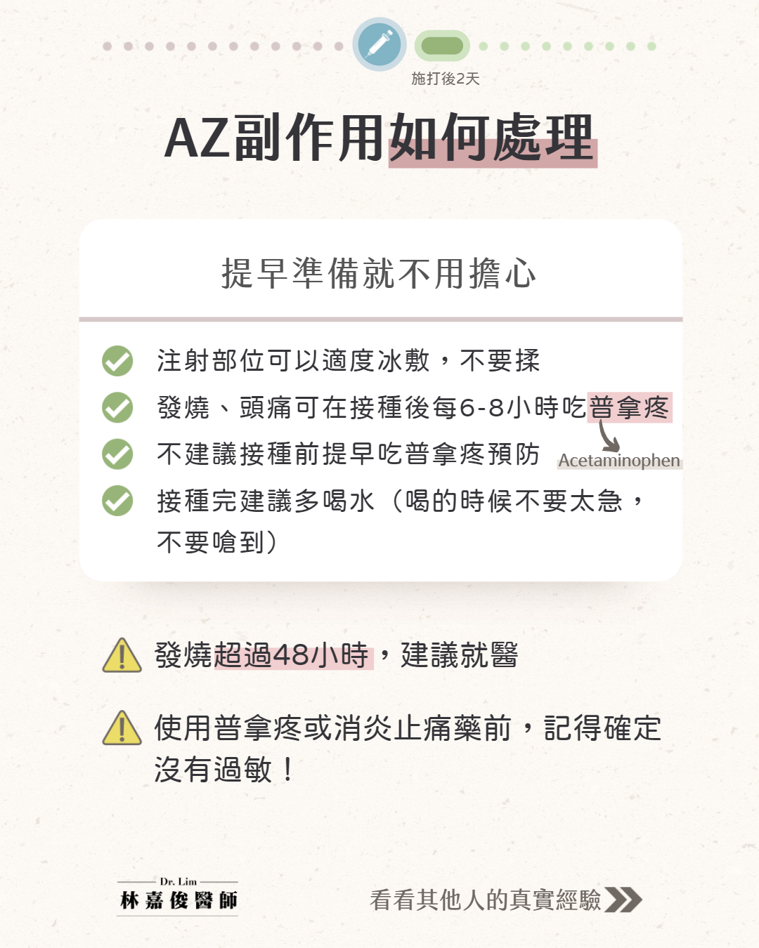 施打AZ疫苗副作用處理方式。(圖/台大家醫科醫師林嘉俊授權報導)