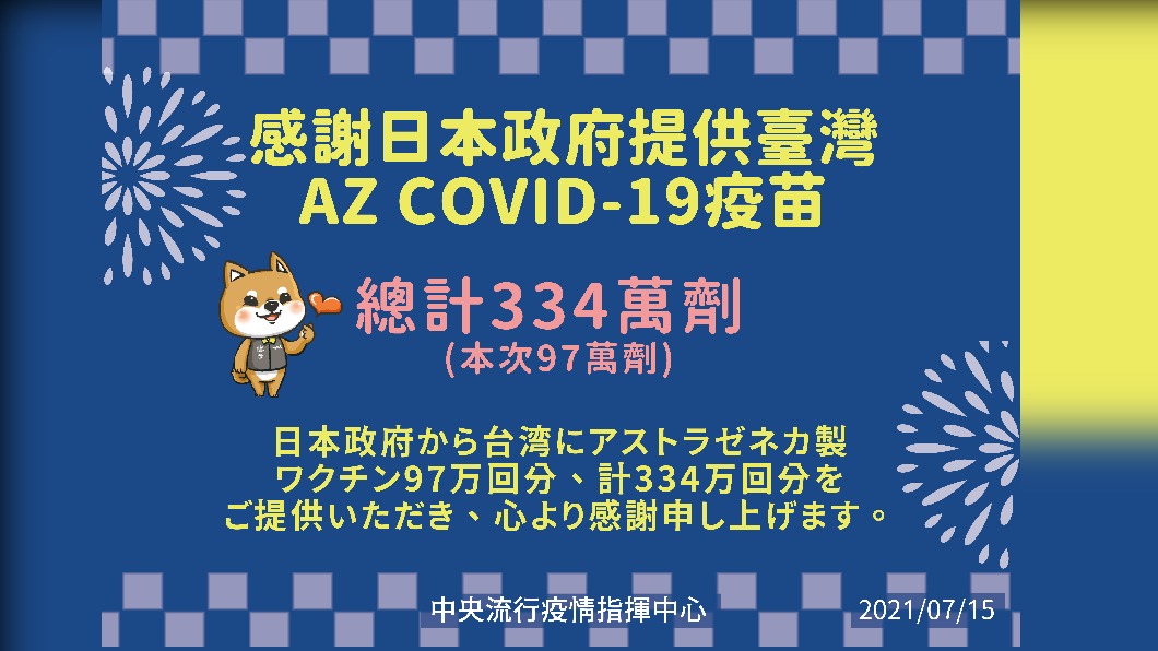 感謝日本提供台灣AZ新冠肺炎疫苗。（圖／中央流行疫情指揮中心）