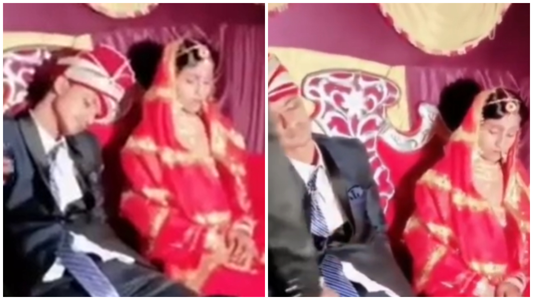 婚禮過程中新郎整個呼呼大睡都叫不醒,新娘在一旁超無奈。(合成圖/翻攝自YouTube Ritika Patel)