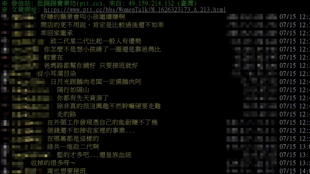 網友好奇台灣社會「職業世襲」的情況多嗎？（圖／翻攝自PTT）