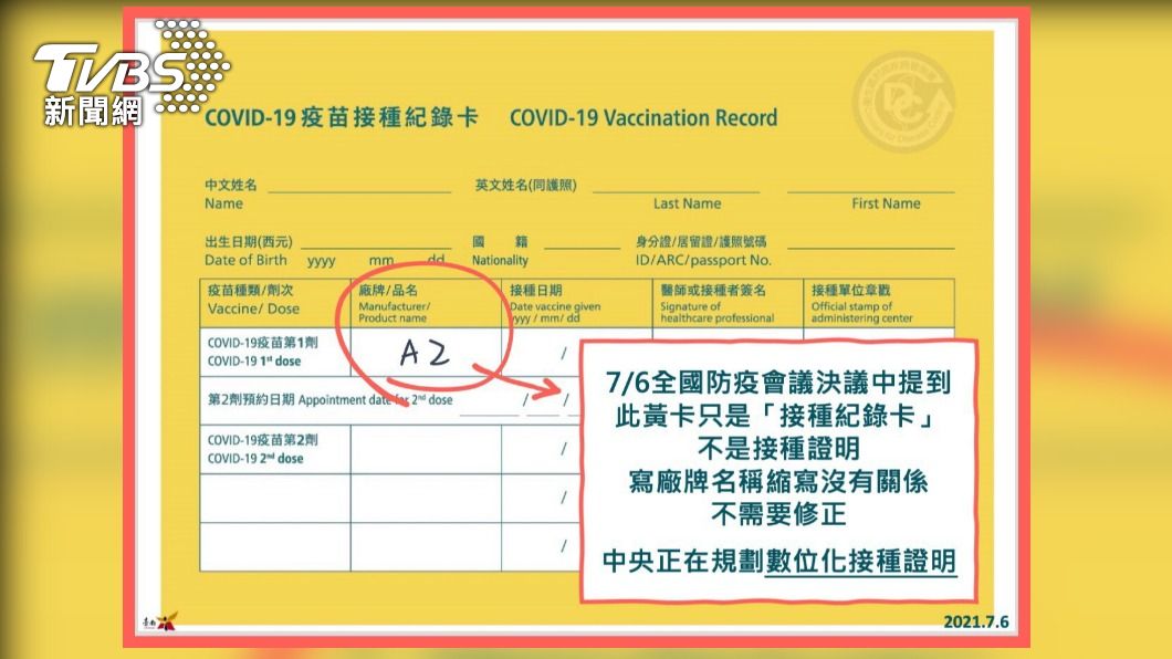 疫苗黃卡上之疫苗廠牌名稱縮寫並無影響使用。(圖/台南市政府提供)