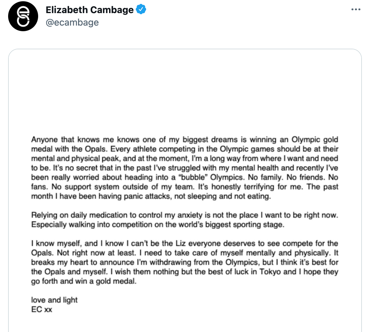 坎貝奇在推特發出退賽聲明。（圖／翻攝自 Elizabeth Cambage推特 @ecambage）