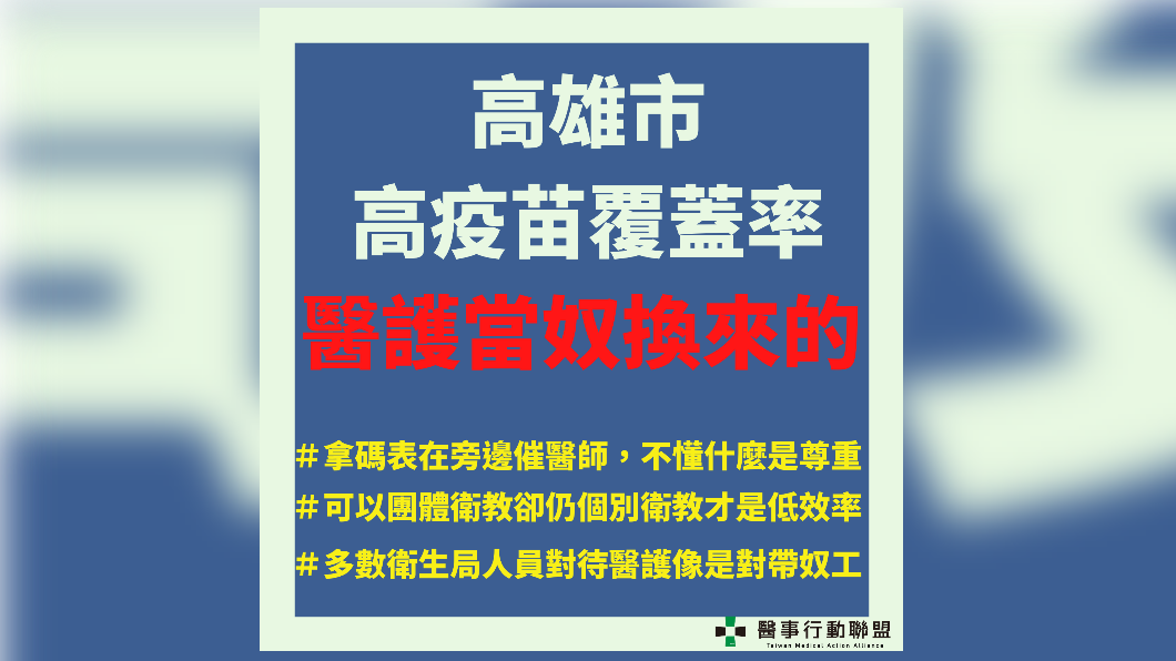 台灣醫事行動聯盟表示,高雄高疫苗覆蓋率是醫護當奴換來的。(圖/翻攝自台灣醫事行動聯盟臉書)