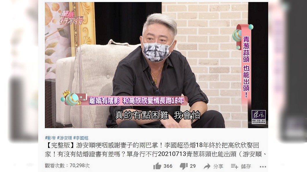 李國超上節目提及曾一度恐婚。(圖/翻攝自東風衛視YouTube頻道)