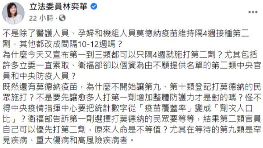 林奕華對指揮中心開放第2、3類對象接種第2劑莫德納表示不解。(圖/翻攝自林奕華臉書)