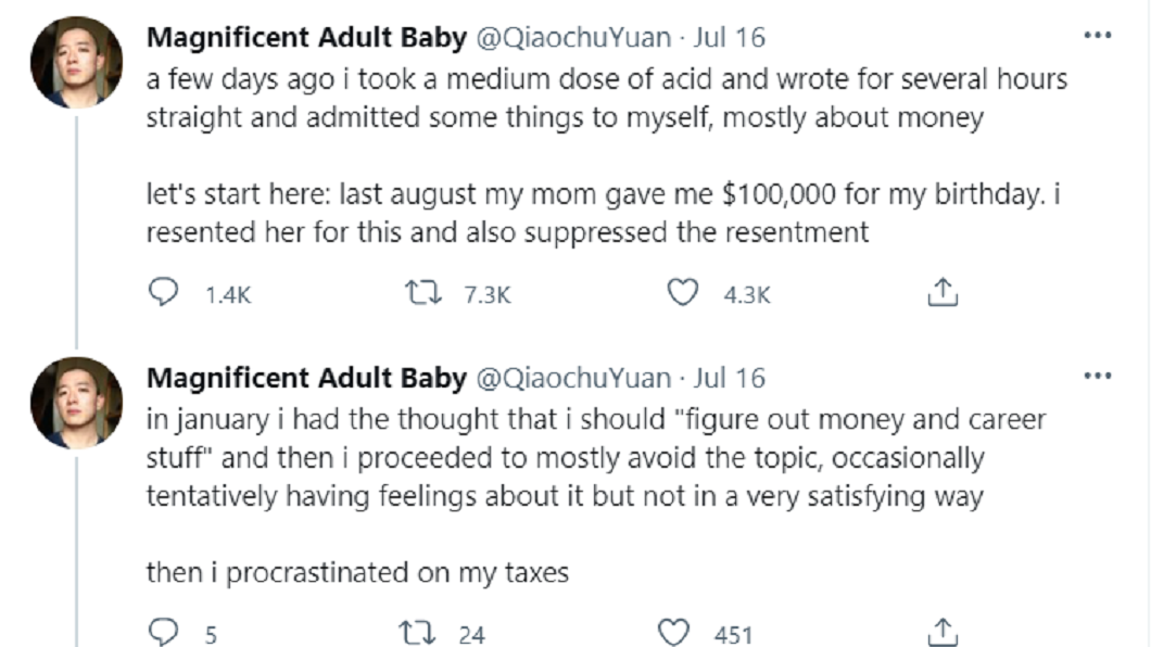 華裔男抱怨的點是自己無業3年,父母親卻一直給予他金錢援助。(圖/翻攝自推特)