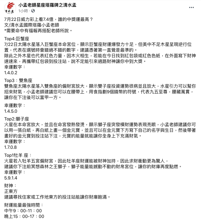 小孟老師分析「4星座」財運最旺。（圖／翻攝自小孟老師星座塔羅牌之清水孟臉書）