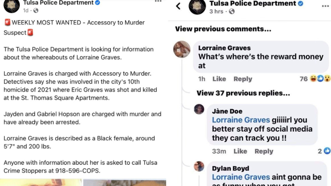 該女通緝犯竟在自己的通緝文下方留言。(圖/翻攝自Tulsa Police Department臉書)