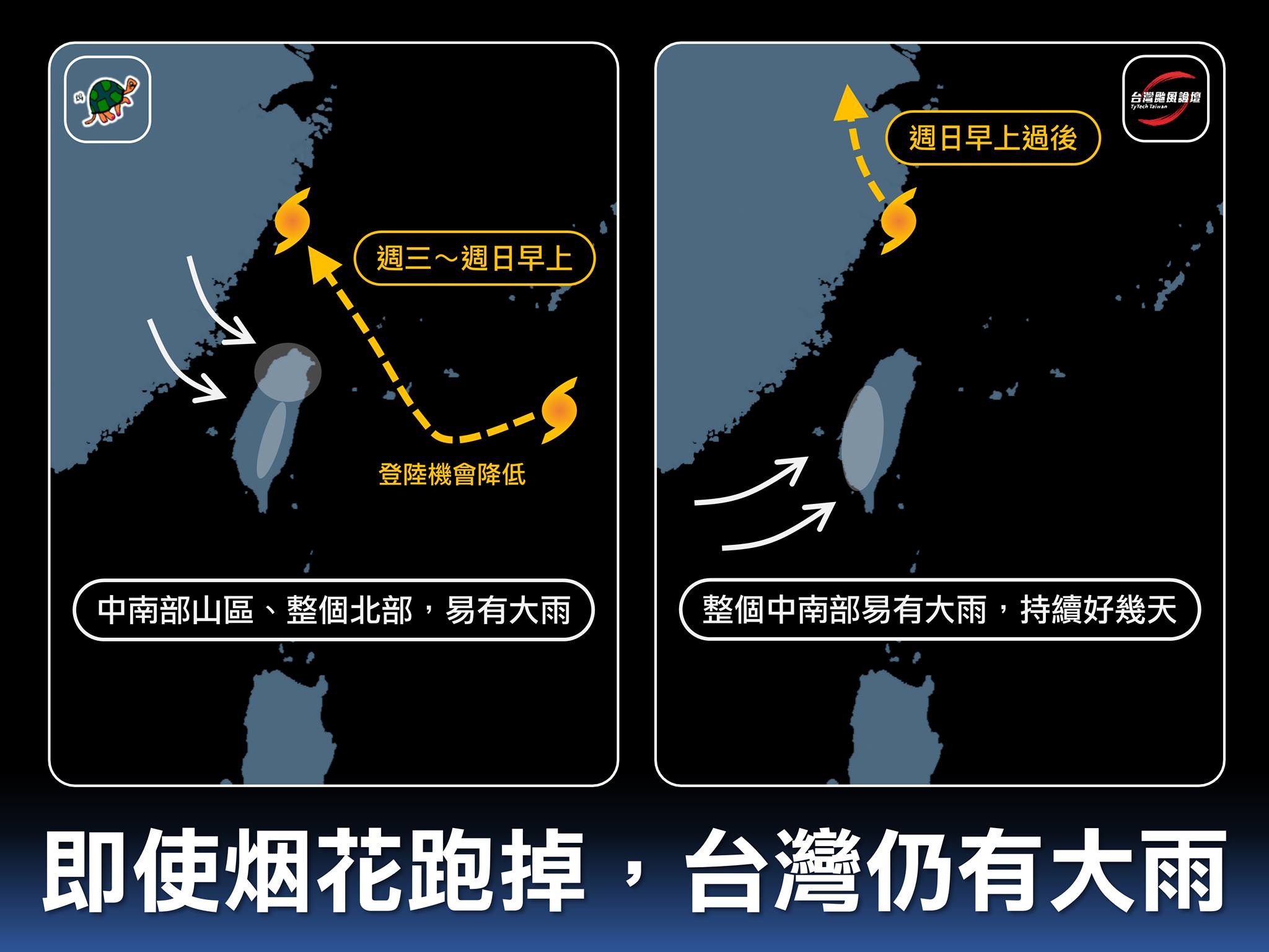 台灣難逃大雨。(圖/翻攝自台灣颱風論壇|天氣特急Facebook)