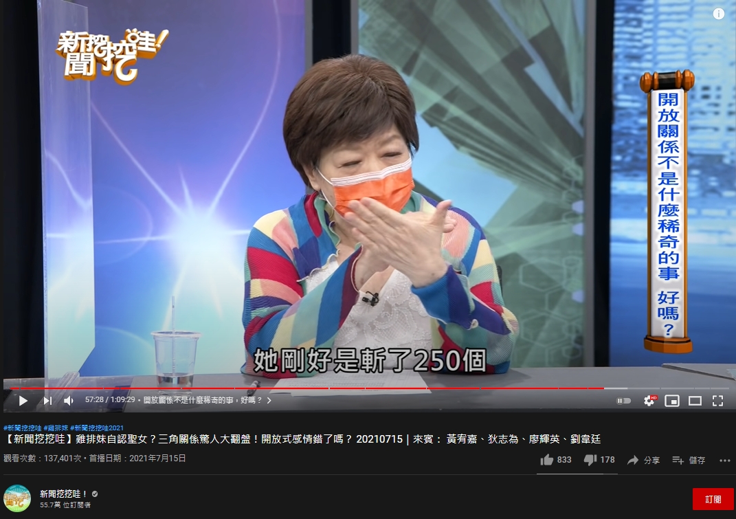 作家廖輝英分享女子「250人斬」經歷。(圖/翻攝自《新聞挖挖哇》YouTube)