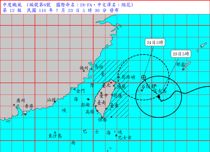 烟花在台北的東南東方約440公里海面上。(圖/翻攝自中央氣象局)