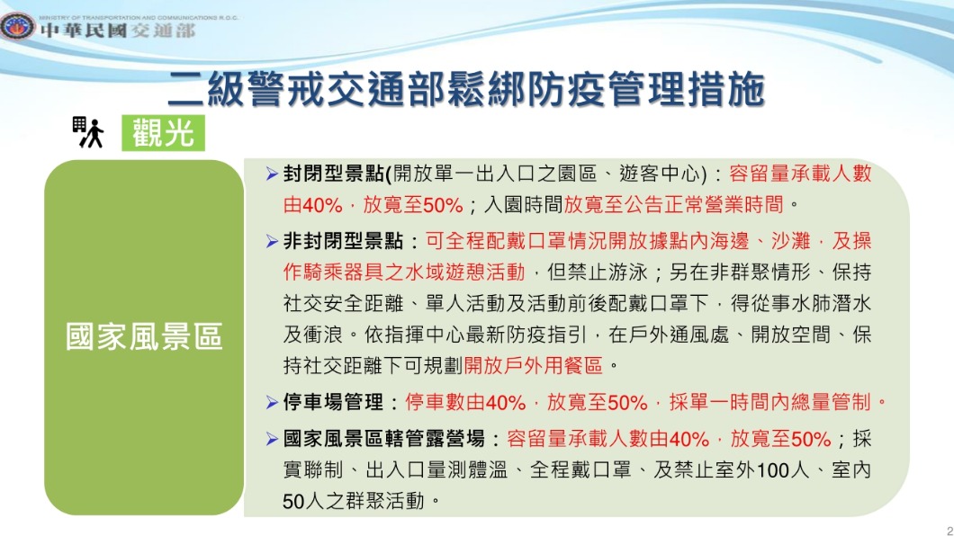 二級警戒交通部鬆綁防疫管理措施-國家風景區。(圖/交通部)