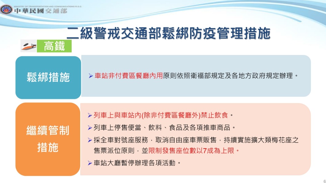 二級警戒交通部高鐵鬆綁防疫管理措施。（圖／交通部）