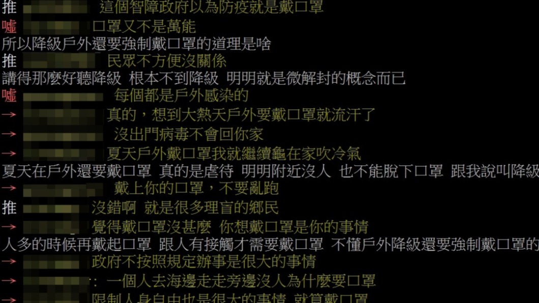 網友紛紛認同開放內用卻戶外戴口罩很詭異。(圖/翻攝自PTT)