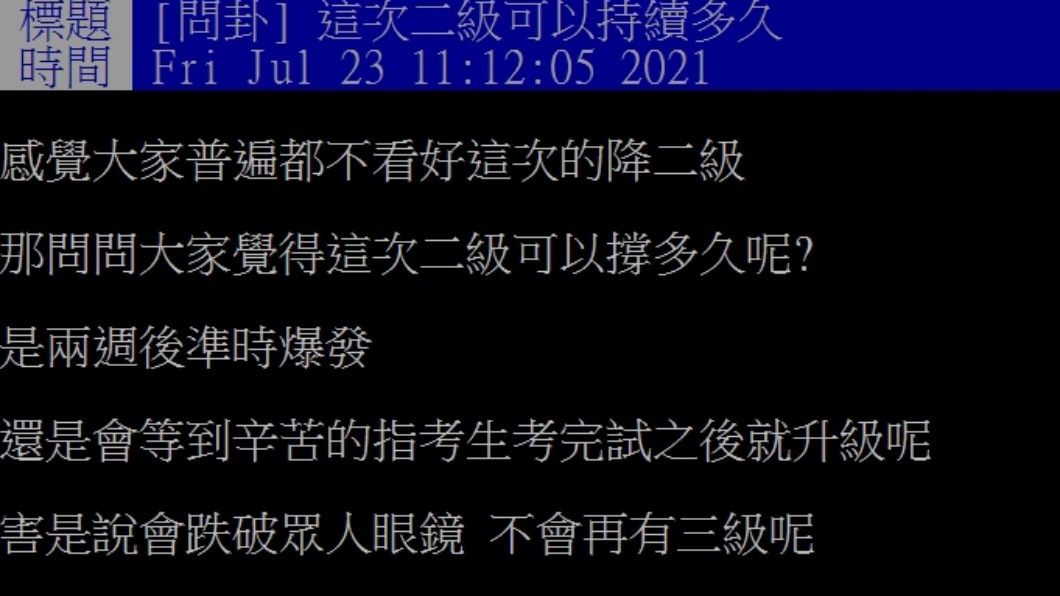 網友好奇問這次二級可以持續多久?(圖/PTT網友授權提供)