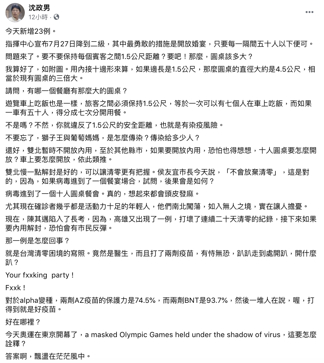 醫師貼文引發關注。（圖／翻攝自沈政男臉書）
