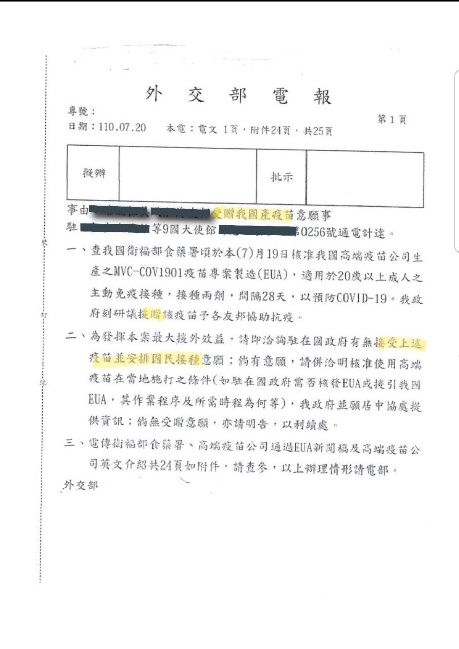江啟臣揭露一份外交電報,指政府有意送高端疫苗給邦交國。(圖/國民黨提供)