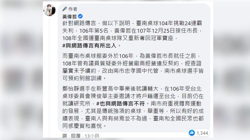 網傳鄭怡靜遭台南市府剝奪桌球資源、遷籍至北市,黃偉哲澄清非他任內的事。(圖/翻攝自黃偉哲臉書)