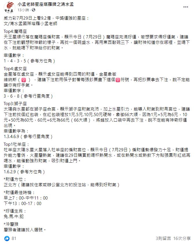 小孟老師分享運勢。(圖/翻攝自小孟老師星座塔羅牌之清水孟臉書)
