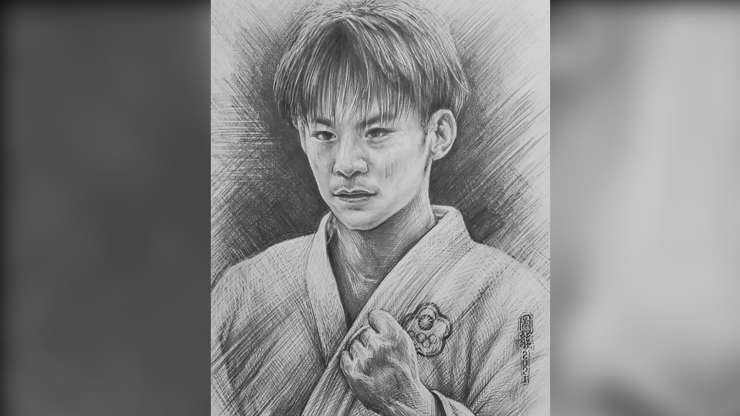 以鉛筆素描畫出柔道小鮮肉楊勇緯。(圖/蘇家賢授權提供)