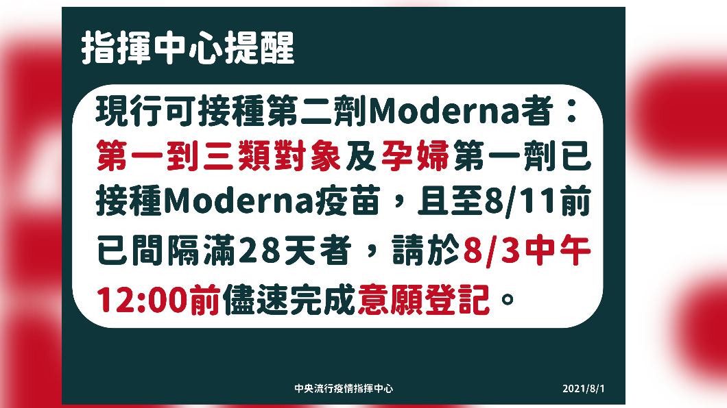 指揮中心提醒現行可接種第2劑莫德納者注意事項。(圖/中央流行疫情指揮中心)