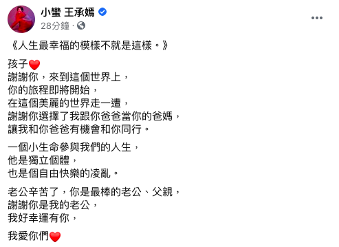 小蠻分享生子喜悅。(圖/翻攝自小蠻臉書)