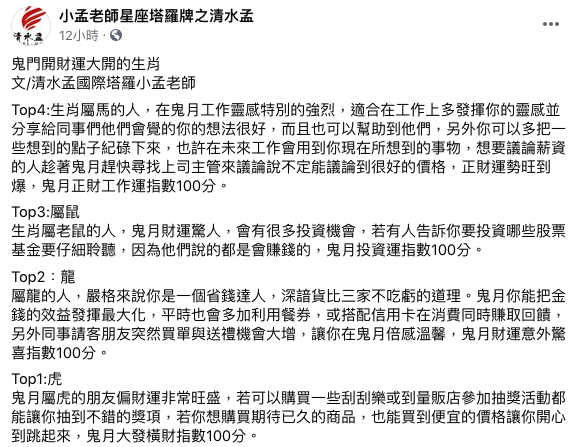 小孟老師解析4生肖運勢。(圖/翻攝自小孟老師星座塔羅牌之清水孟 臉書)