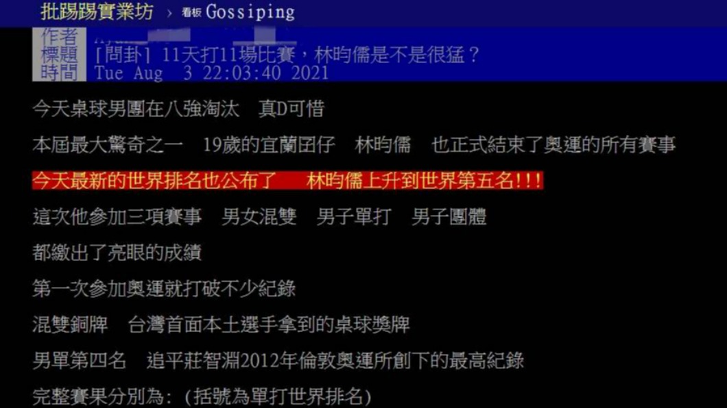 網友在PTT發文表示，林昀儒11天來共出戰11場賽事，有夠猛。（圖／翻攝自PTT）