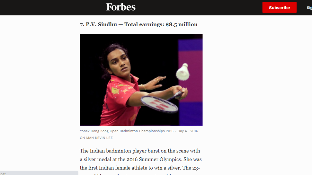辛度2018年榮登最會賺錢女性運動員第7名。（圖／翻攝自Forbes）